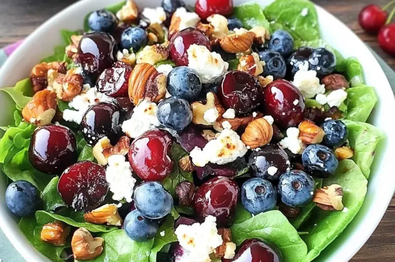 Balsamic Grilled Cherry, Blueberry, Goat Cheese, and Candied Hazelnut Salad