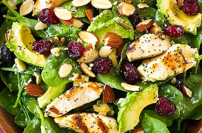Cranberry Avocado Spinach Salad with Chicken and Orange Poppy Seed Dressing