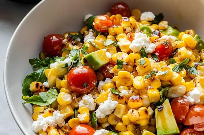 Grilled Corn Salad with Avocado, Goat Cheese & Hot Honey Vinaigrette