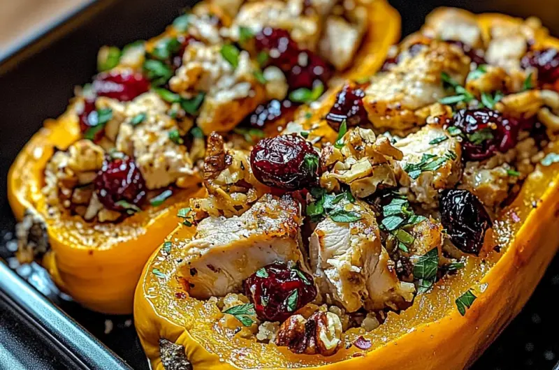 Sweet and Savory Honey Roasted Butternut Squash Stuffed with Chicken