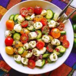 Tomato Cucumber Avocado Salad with Mozzarella and Basil Pesto