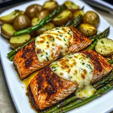 Baked Cajun Salmon with Cheesy Asparagus & Garlic Potatoes