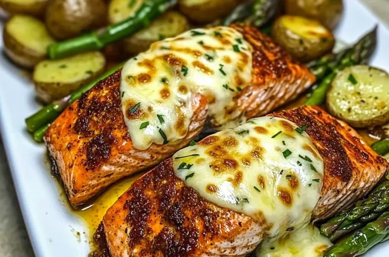 Baked Cajun Salmon with Cheesy Asparagus & Garlic Potatoes