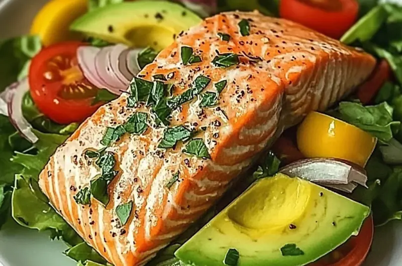 Baked Salmon Fillet with Avocado & Tomato Salad