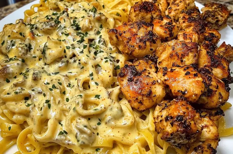Cajun Chicken Bites with Cheesy Alfredo Linguine