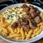 Cajun Steak Tips with Penne in Creamy Parmesan Cheese Sauce