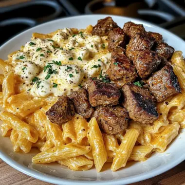 Cajun Steak Tips with Penne in Creamy Parmesan Cheese Sauce