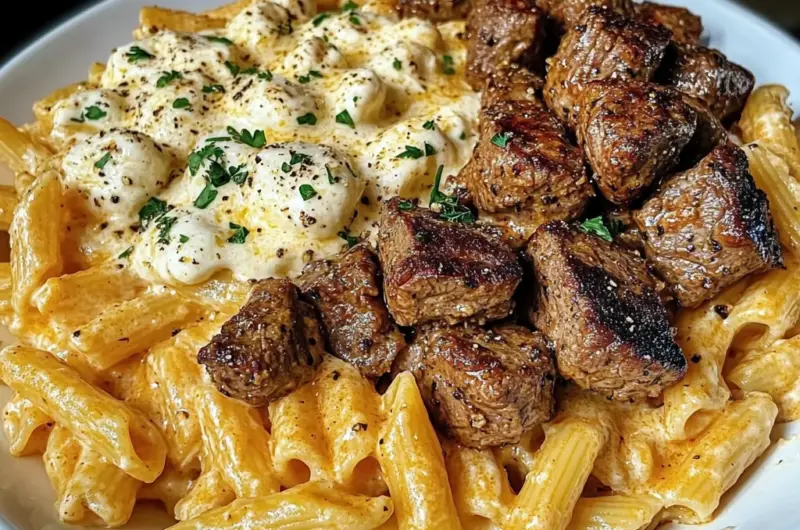 Cajun Steak Tips with Penne in Creamy Parmesan Cheese Sauce