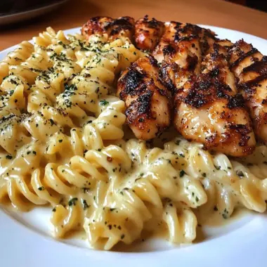 Cheesy Rotini Alfredo with Garlic Chicken Strips
