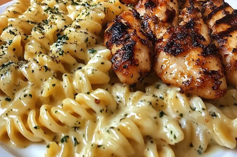 Cheesy Rotini Alfredo with Garlic Chicken Strips