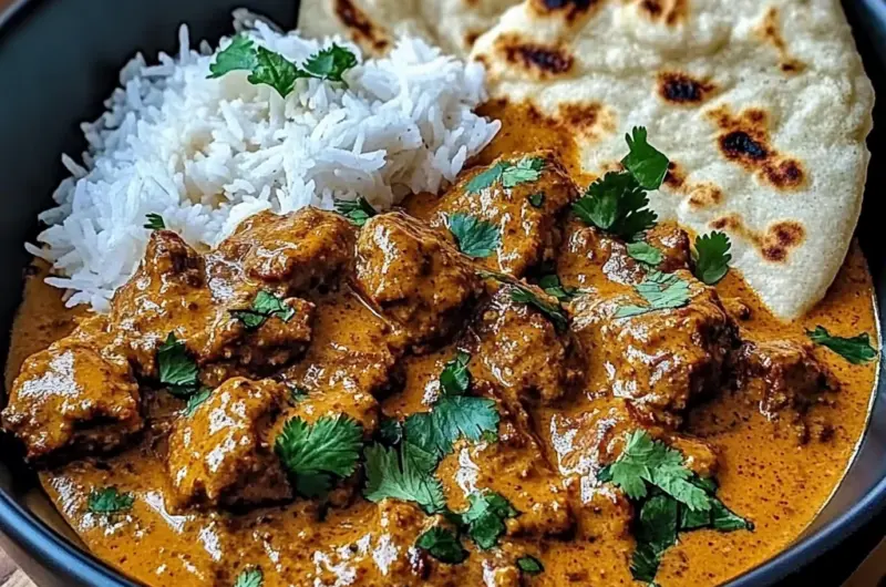 Coconut-Curry Braised Beef with Jasmine Rice & Garlic Naan