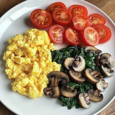 Colorful Scrambled Eggs with Mushrooms, Spinach & Tomatoes