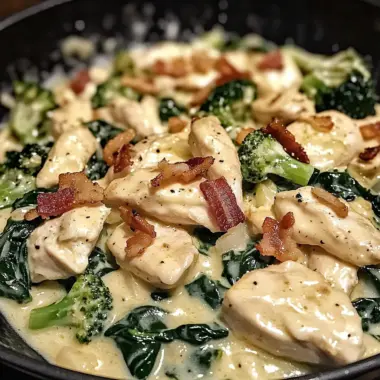 Creamy Chicken Alfredo with Spinach, Bacon, and Broccoli