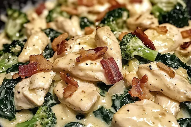 Creamy Chicken Alfredo with Spinach, Bacon, and Broccoli