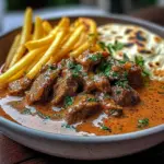 Garlic Butter Beef with Fries and Naan