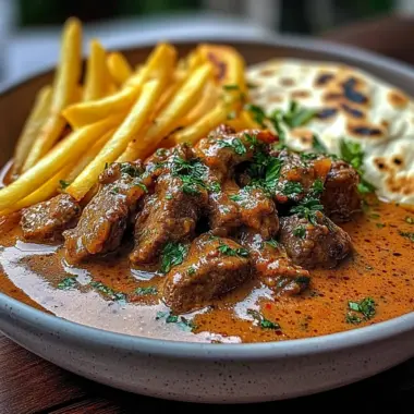 Garlic Butter Beef with Fries and Naan