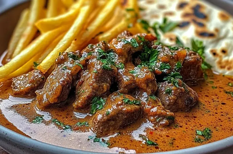 Garlic Butter Beef with Fries and Naan