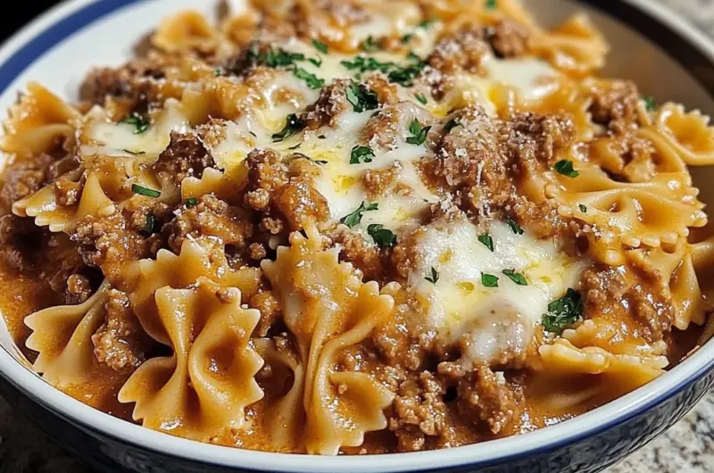 Garlic Parmesan Bowtie Pasta with Creamy Beef