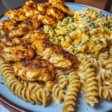 Garlic Parmesan Chicken Twisted Pasta in Spicy Three-Cheese Cajun Sauce