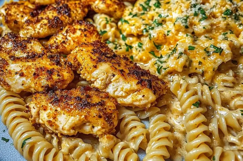 Garlic Parmesan Chicken Twisted Pasta in Spicy Three-Cheese Cajun Sauce