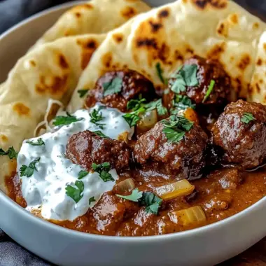 Harissa Beef Meatballs with Yogurt Sauce and Garlic Naan