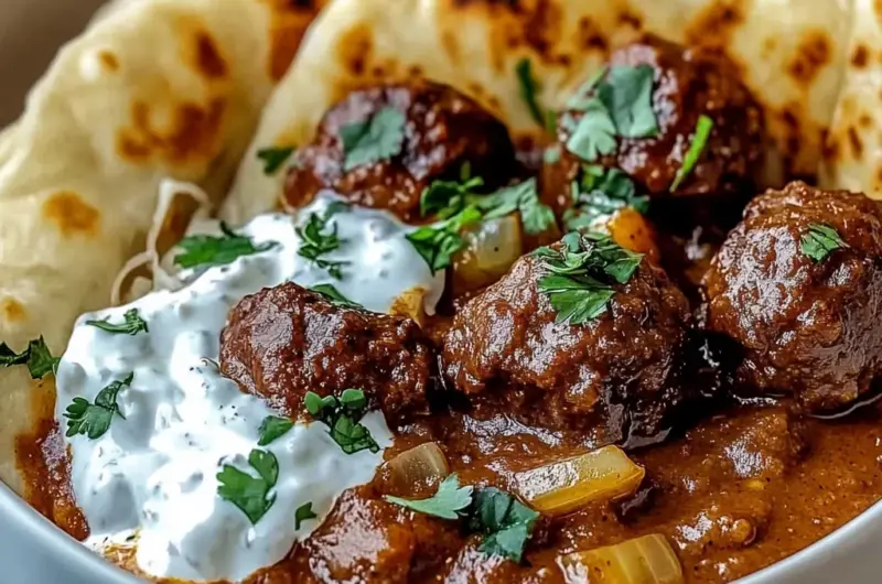 Harissa Beef Meatballs with Yogurt Sauce and Garlic Naan
