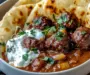 Harissa Beef Meatballs with Yogurt Sauce and Garlic Naan