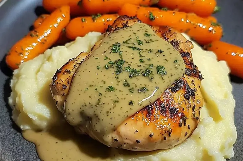 Herb-Cream Chicken with Mashed Potatoes & Glazed Carrots
