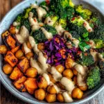 Roasted Veggie & Chickpea Bowls with Maple Dijon Tahini Dressing