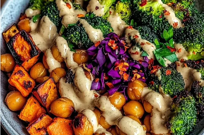 Roasted Veggie & Chickpea Bowls with Maple Dijon Tahini Dressing