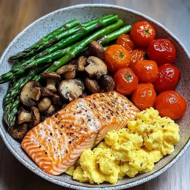 Salmon Power Bowl with Scrambled Eggs, Asparagus & Sauted Mushrooms