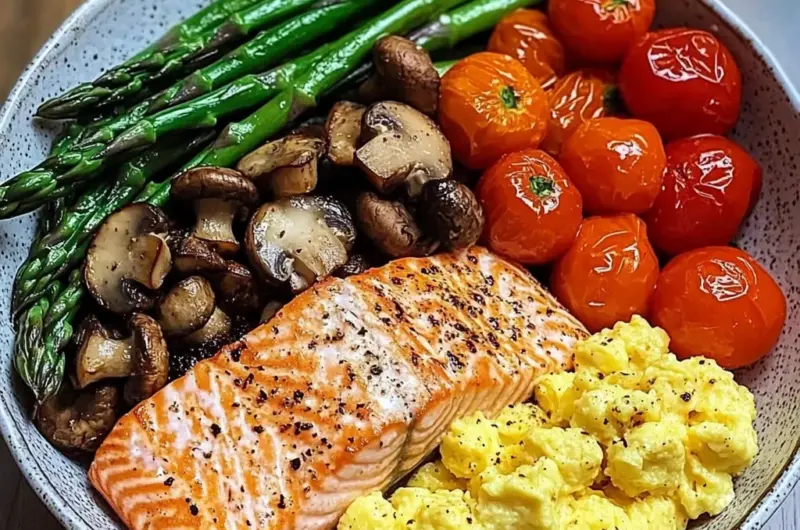 Salmon Power Bowl with Scrambled Eggs, Asparagus & Sauted Mushrooms