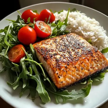 Seared Salmon with Rice & Arugula Tomato Salad