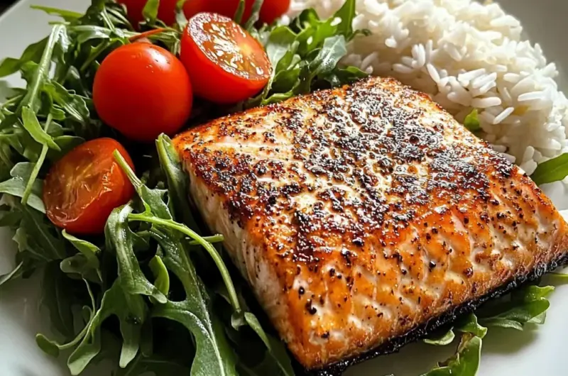 Seared Salmon with Rice & Arugula Tomato Salad