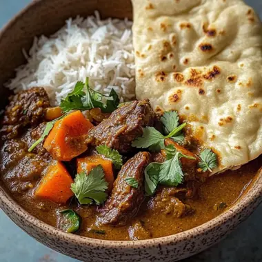 Slow-Cooked Beef in Creamy Coconut Curry with Rice and Garlic Naan
