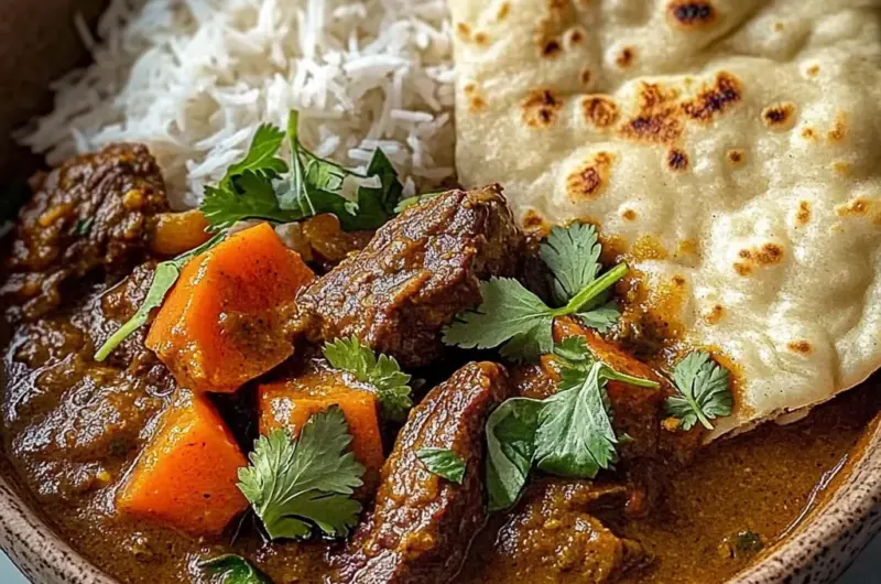 Slow-Cooked Beef in Creamy Coconut Curry with Rice and Garlic Naan