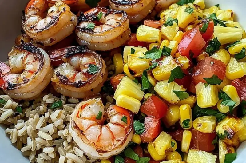 Zesty Shrimp Bowl with Brown Rice & Pineapple Corn Salsa