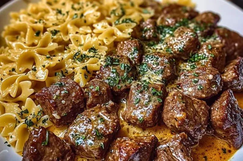 Beef and Bowtie Pasta in Cheddar Sauce