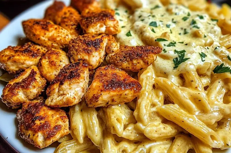 Cajun Chicken Bites with Cheesy Penne Parmesan Sauce