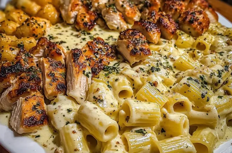 Cheesy Chicken Alfredo Rigatoni in Garlic Butter Sauce