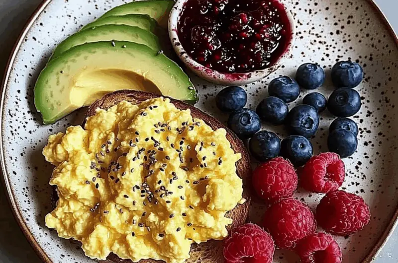 Colorful Breakfast Plate with Scrambled Eggs, Avocado, PB&J Toast & Fresh Berries