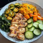 Colorful Chicken Veggie Plate with Carrot Rice & Salad