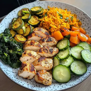 Colorful Chicken Veggie Plate with Carrot Rice & Salad