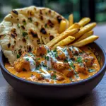Creamy Butter Chicken with Garlic Drizzle, Fries & Warm Naan