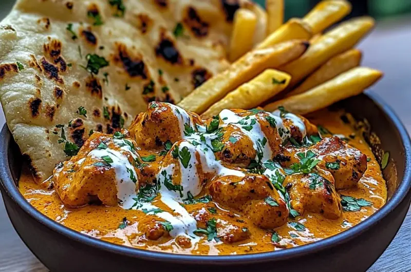 Creamy Butter Chicken with Garlic Drizzle, Fries & Warm Naan