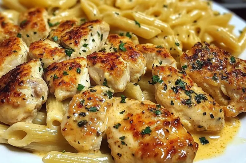 Creamy Garlic Butter Chicken with Cheesy Penne and Parmesan Sauce