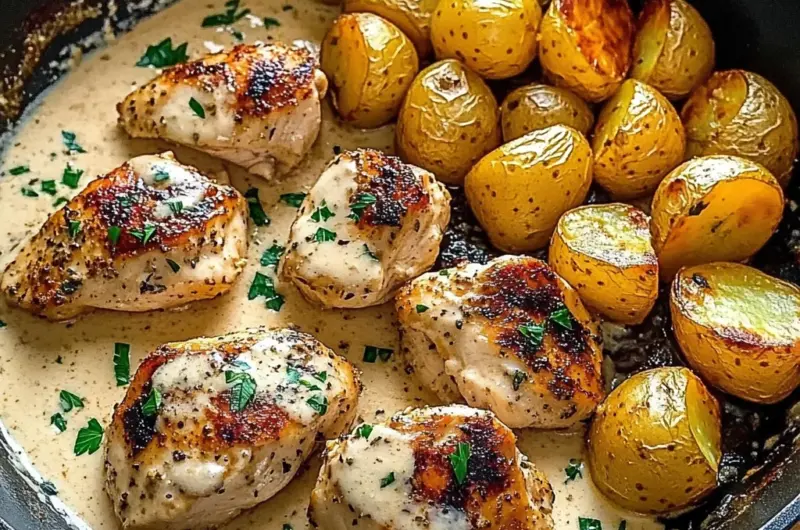 Creamy Garlic Chicken with Golden Baby Potatoes