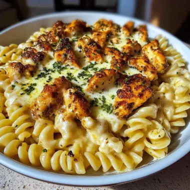 Creamy Mozzarella Alfredo with Garlic Chicken Twisted Pasta