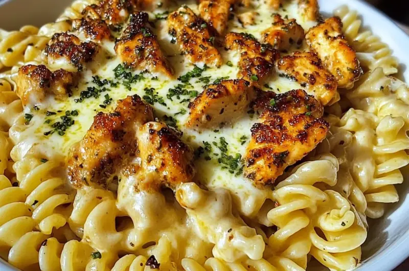 Creamy Mozzarella Alfredo with Garlic Chicken Twisted Pasta
