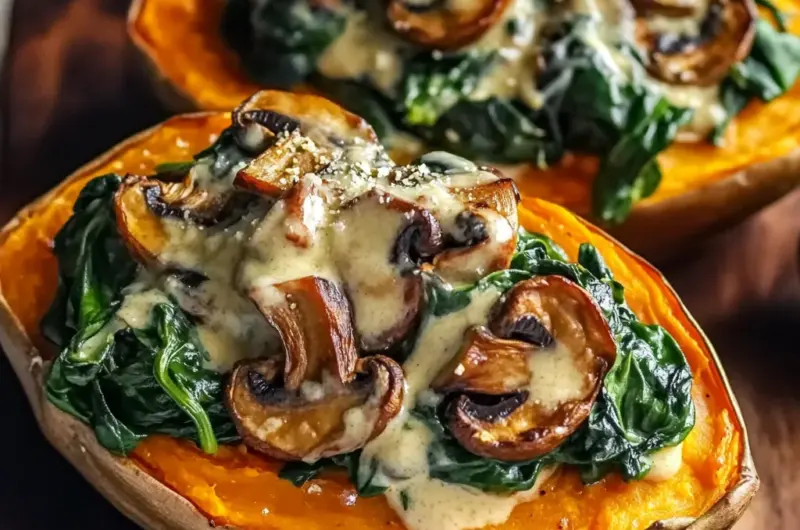 Creamy Mushroom and Spinach Stuffed Sweet Potatoes